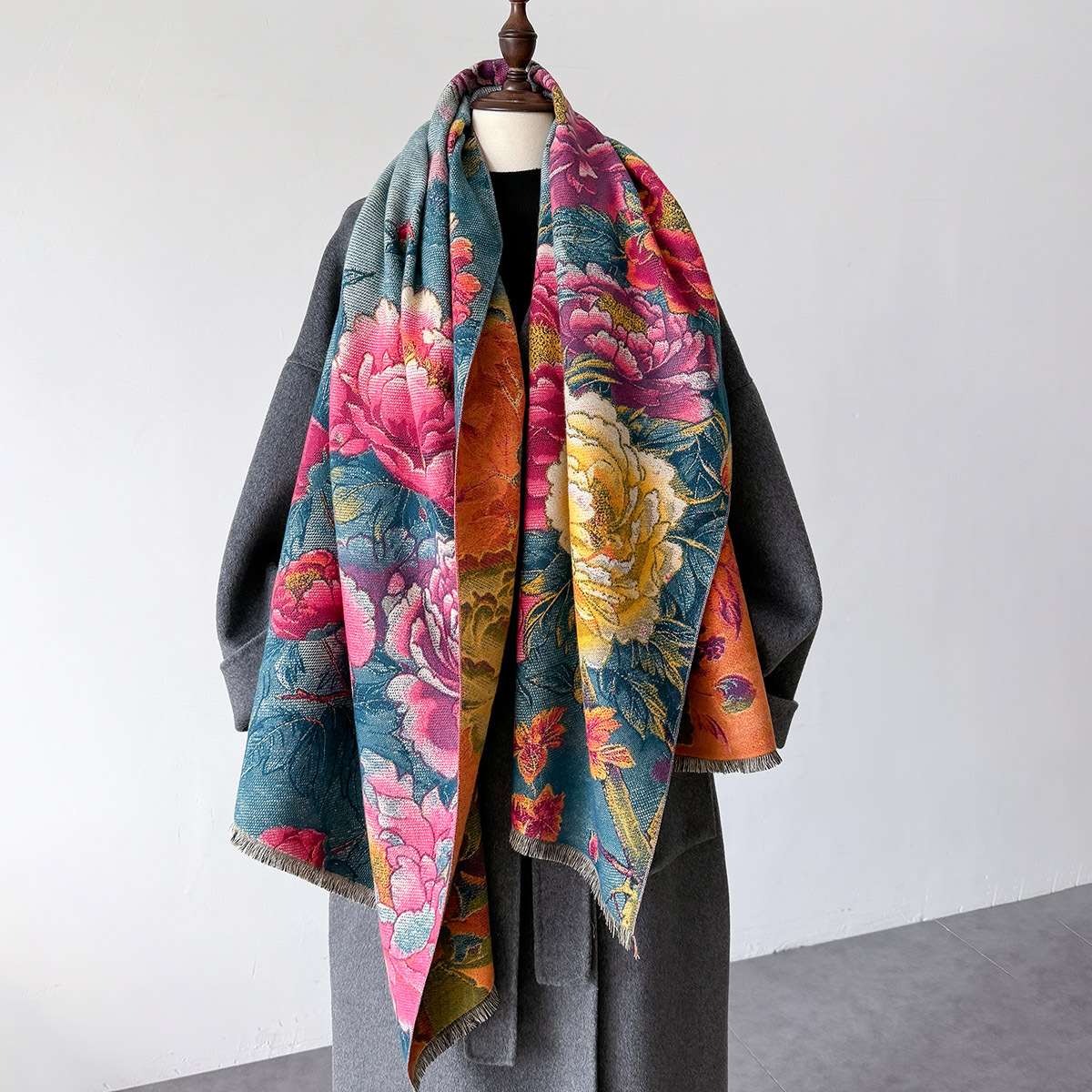Cashmere Scarf - Ciepły szalik kaszmirowy damski szal kwiatowy